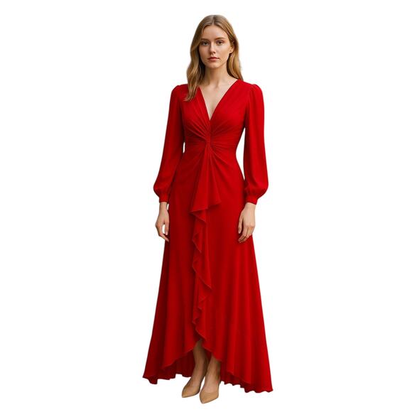 MAC DUGGAL Dress Size 2 Evening Gown Red NEW V Neck Ruched Ruffle Chiffon - Picture 1 of 7